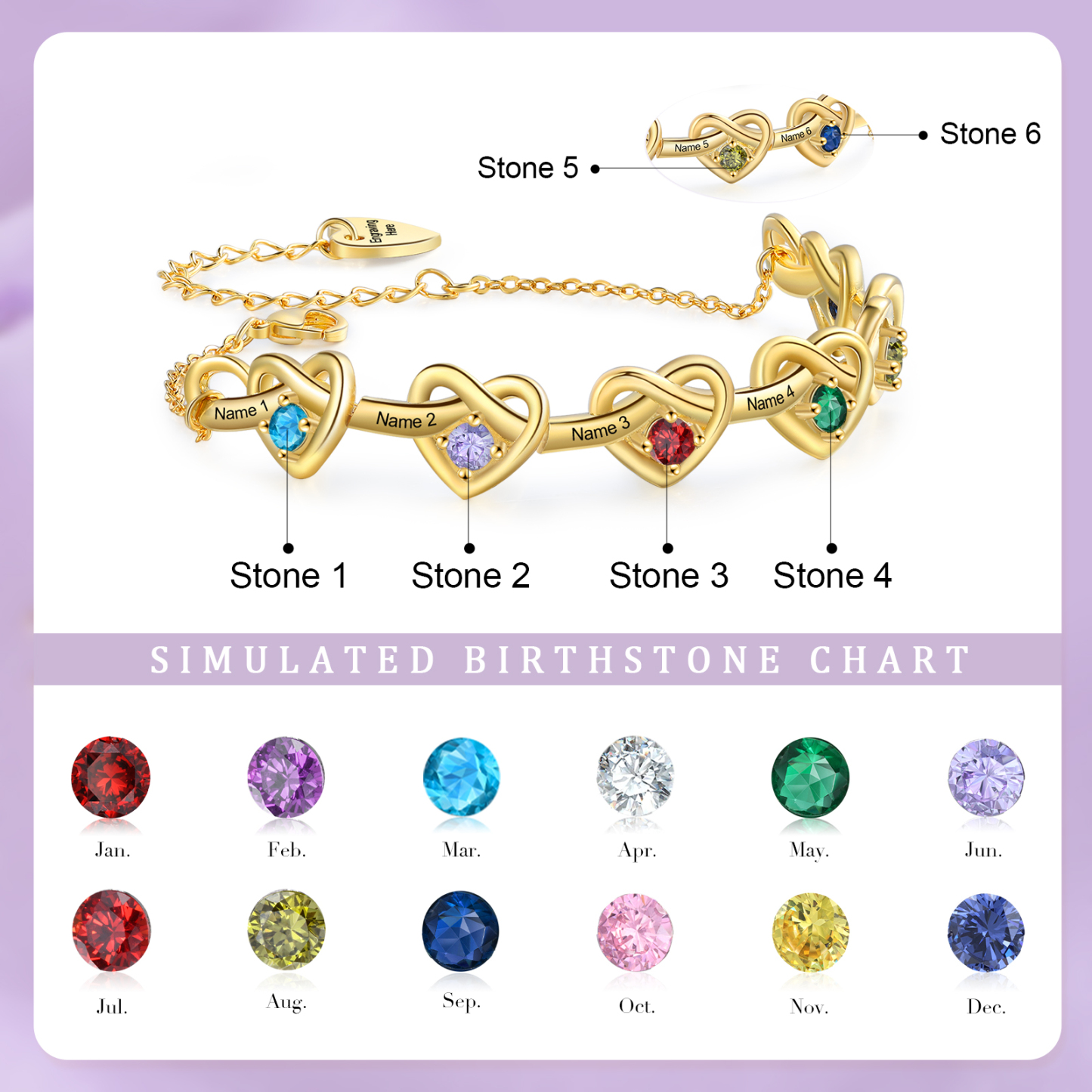 Pulsera de corazones entrelazados con 2-6 nombres y piedras personalizados color oro | Jessemade