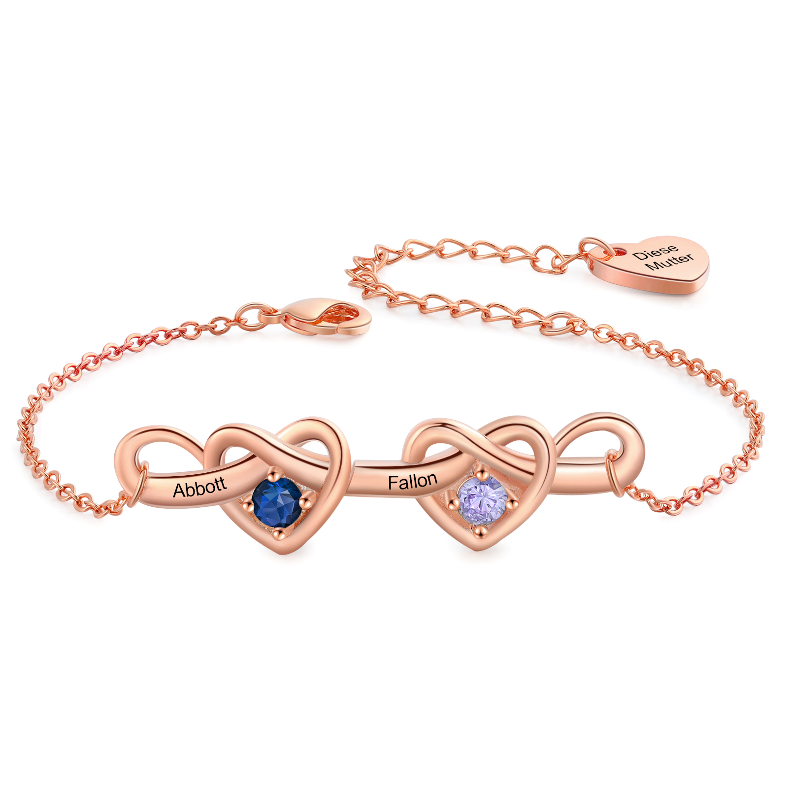 Pulsera de corazones entrelazados con 2-6 nombres y piedras personalizados color oro rosa | Jessemade