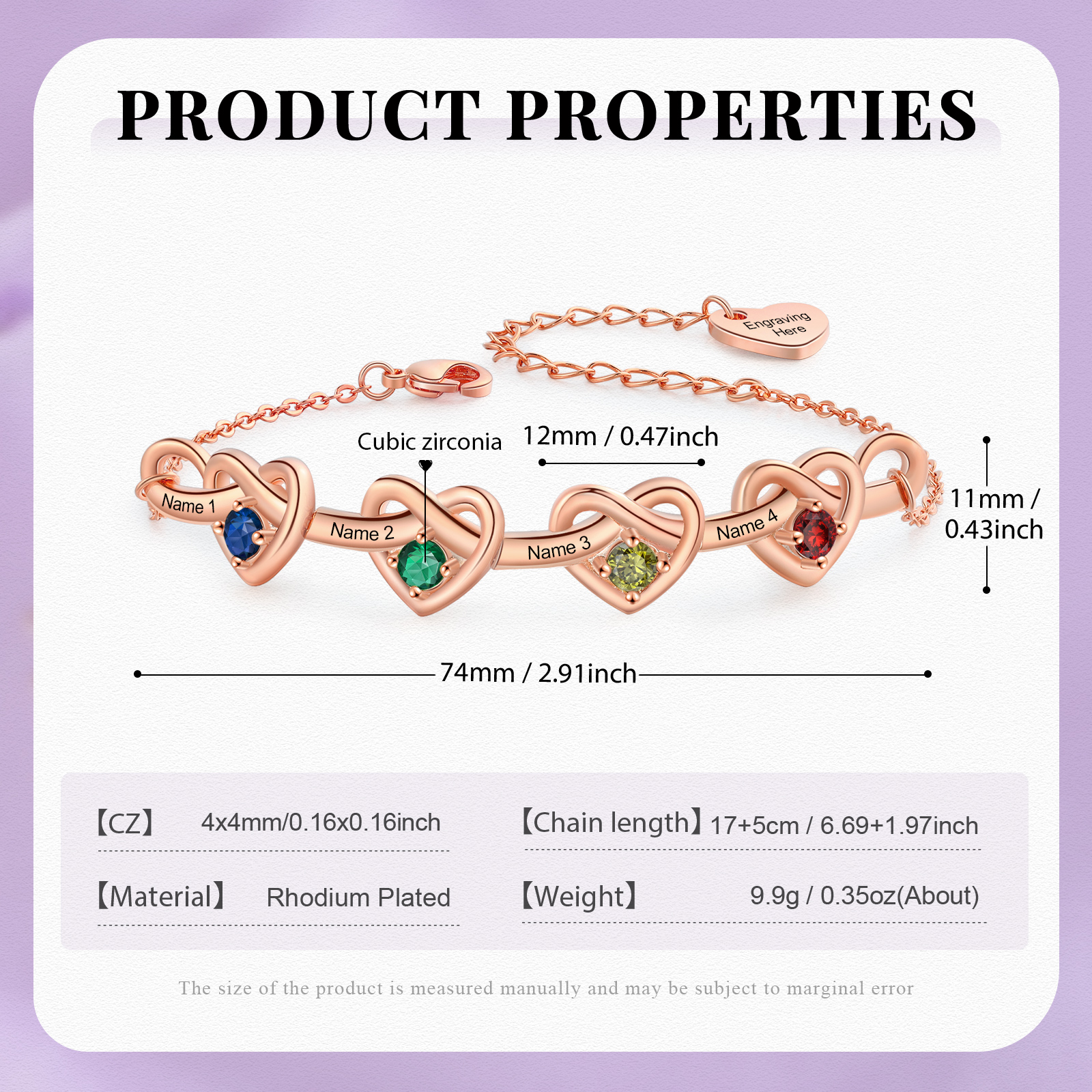 Pulsera de corazones entrelazados con 2-6 nombres y piedras personalizados color oro rosa | Jessemade