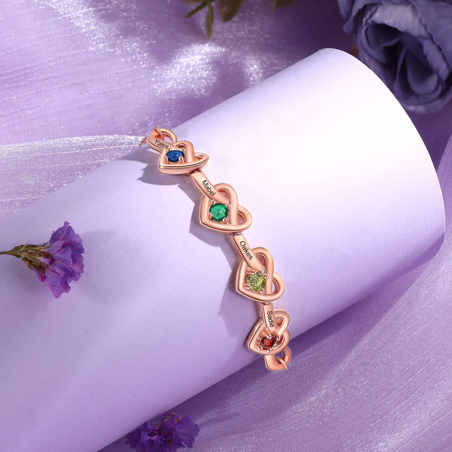 Pulsera de corazones entrelazados con 2-6 nombres y piedras personalizados color oro rosa | Jessemade