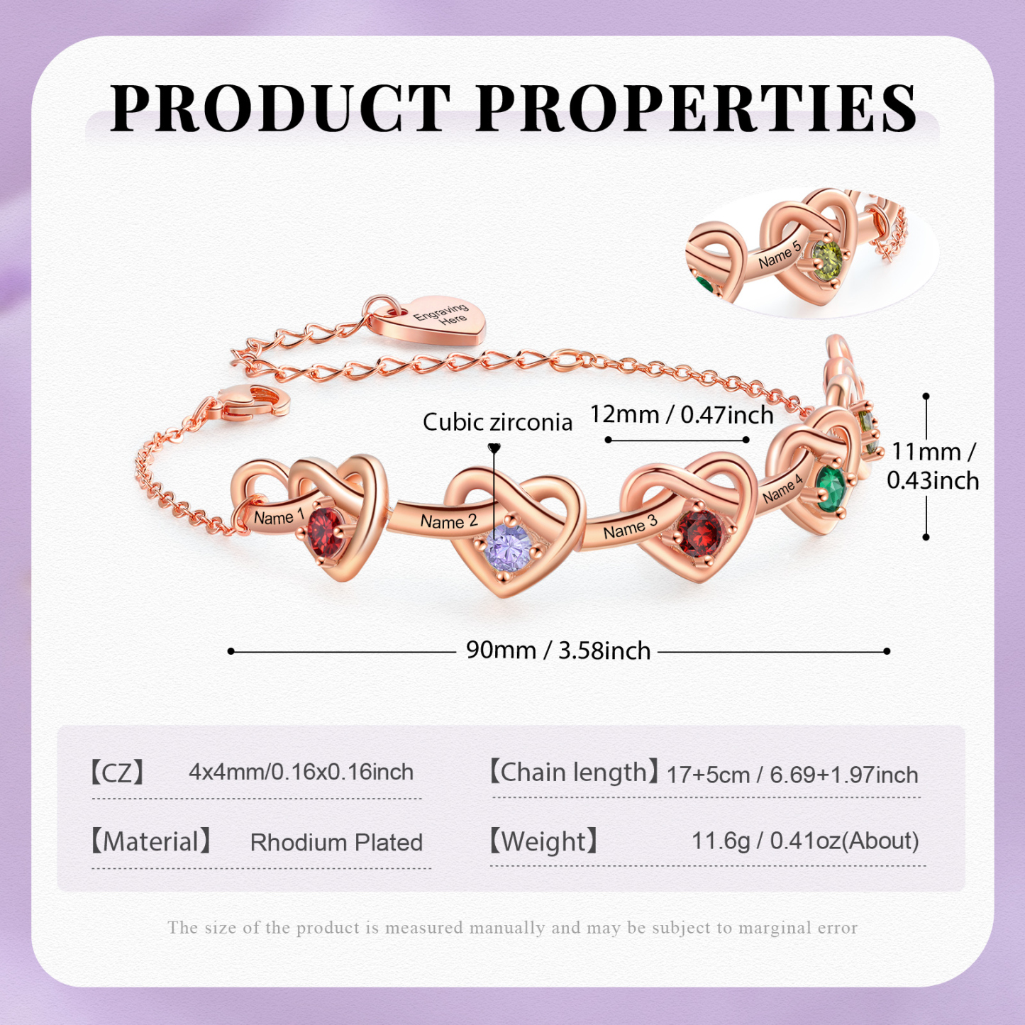 Pulsera de corazones entrelazados con 2-6 nombres y piedras personalizados color oro rosa | Jessemade