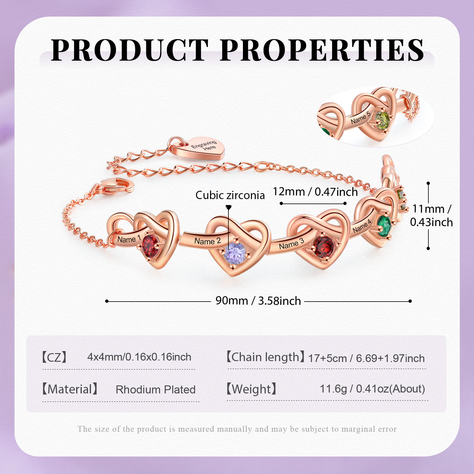 Pulsera de corazones entrelazados con 2-6 nombres y piedras personalizados color oro rosa | Jessemade