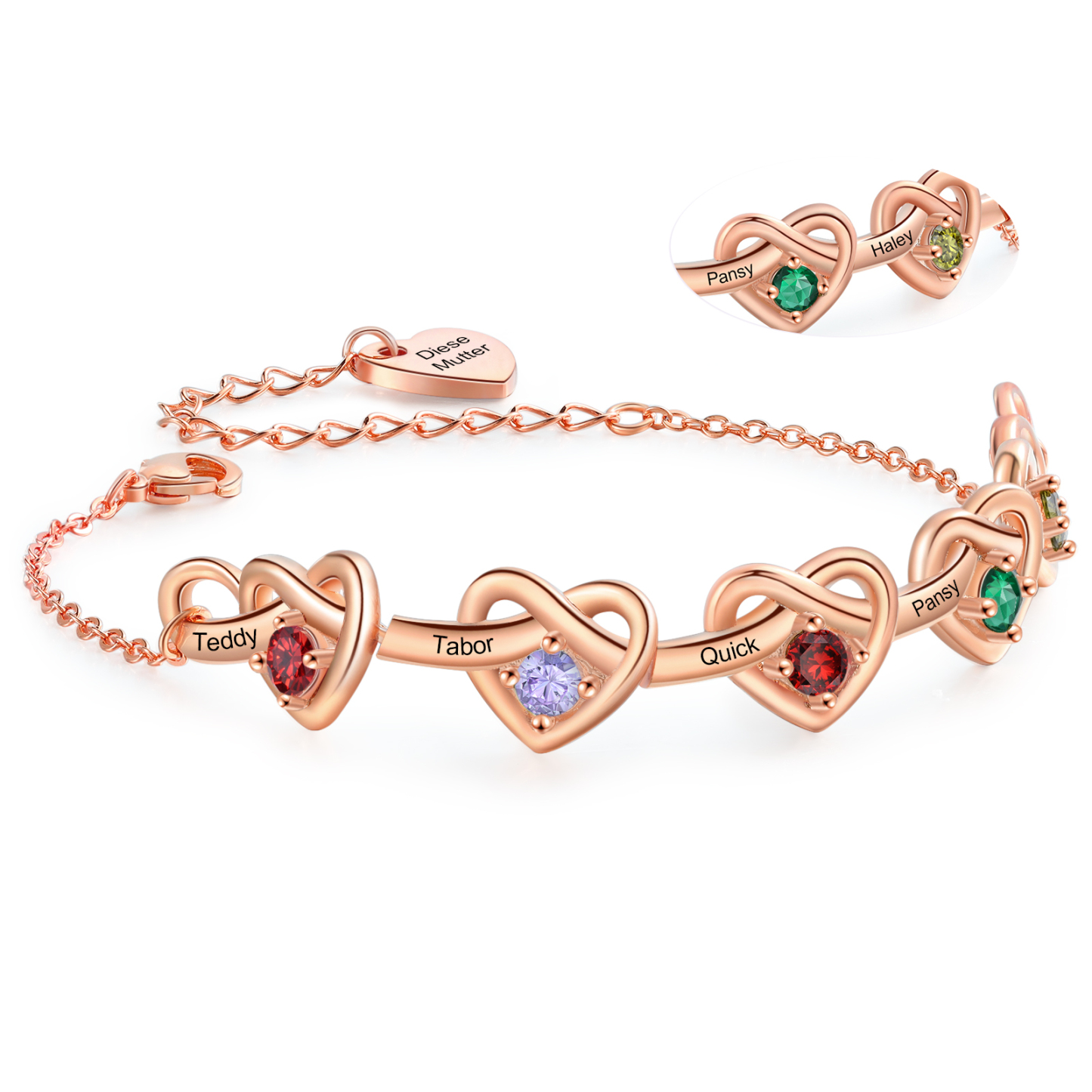 Pulsera de corazones entrelazados con 2-6 nombres y piedras personalizados color oro rosa | Jessemade