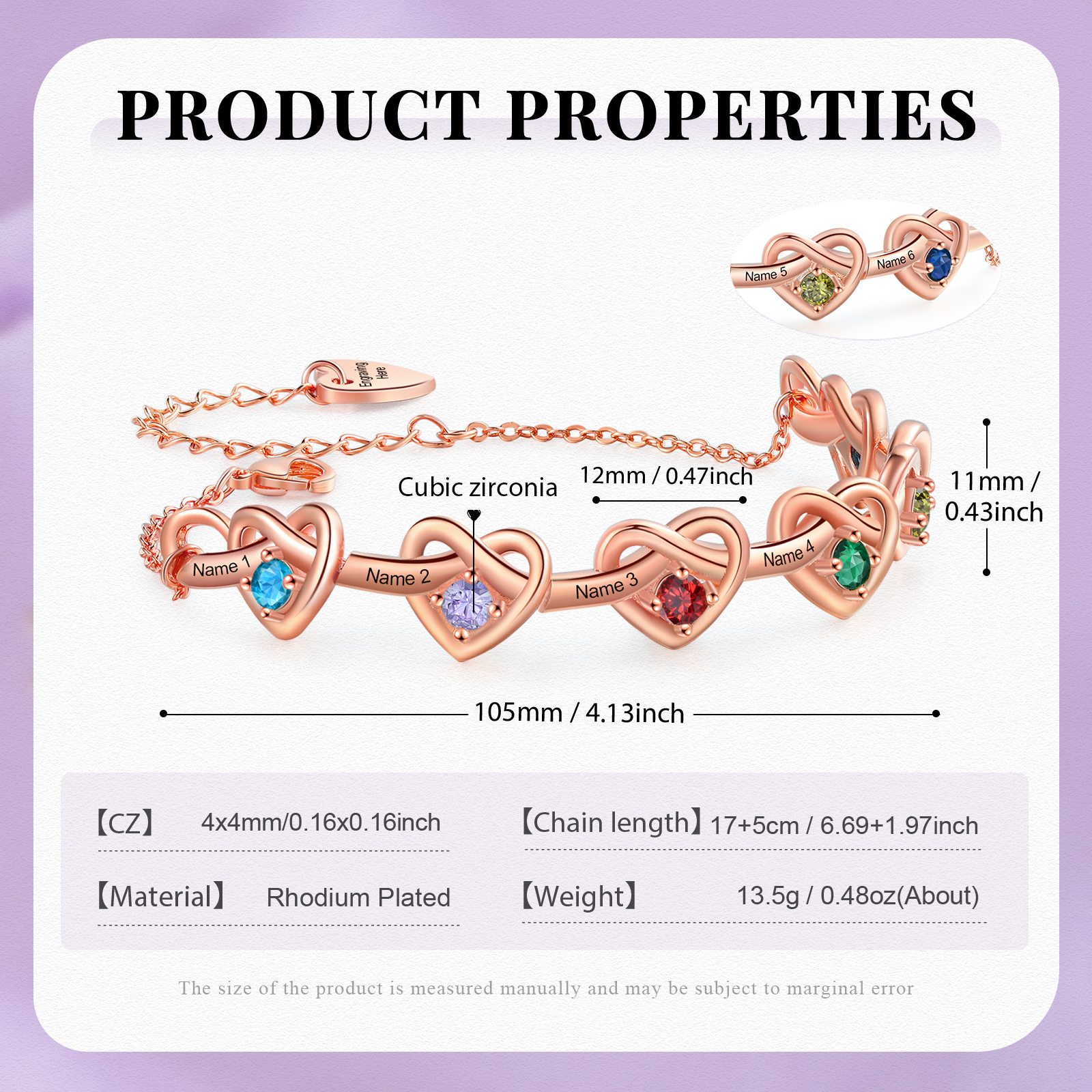 Pulsera de corazones entrelazados con 2-6 nombres y piedras personalizados color oro rosa | Jessemade