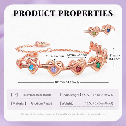 Pulsera de corazones entrelazados con 2-6 nombres y piedras personalizados color oro rosa | Jessemade
