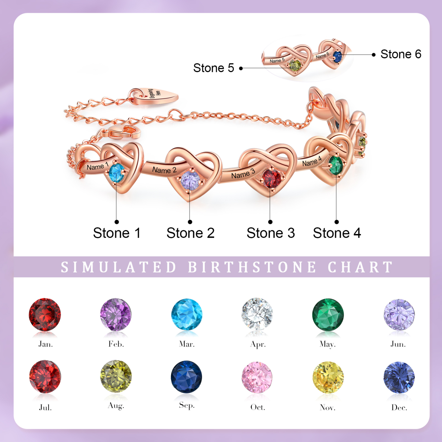 Pulsera de corazones entrelazados con 2-6 nombres y piedras personalizados color oro rosa | Jessemade