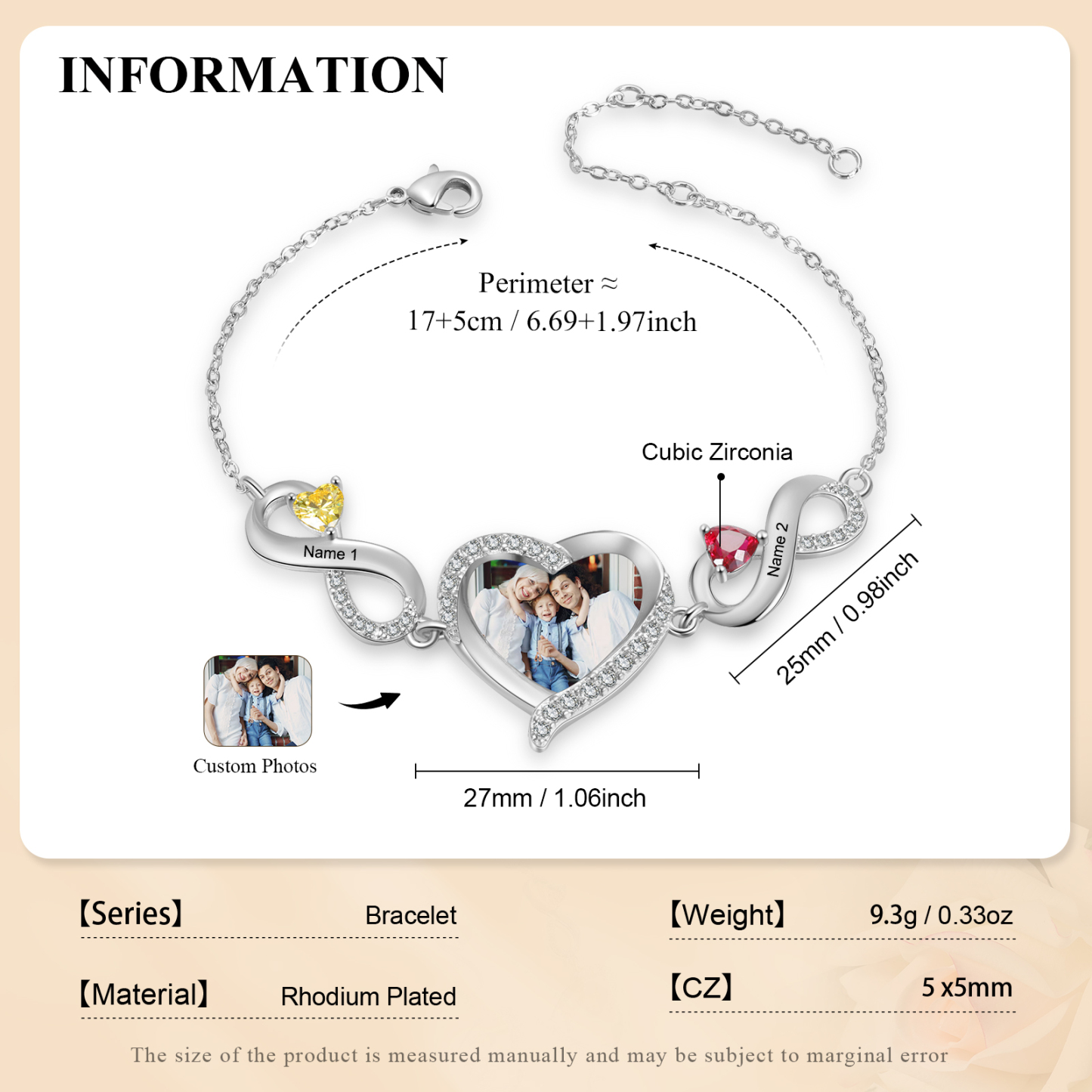 Pulsera de infinitos con colgante de corazón con foto con 2 nombres y piedras de nacimiento personalizados para mujer | Jessemade