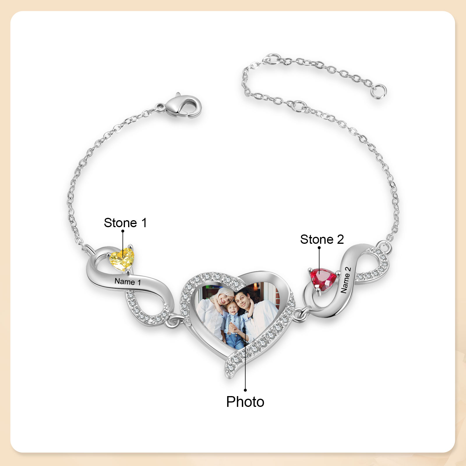 Pulsera de infinitos con colgante de corazón con foto con 2 nombres y piedras de nacimiento personalizados para mujer | Jessemade