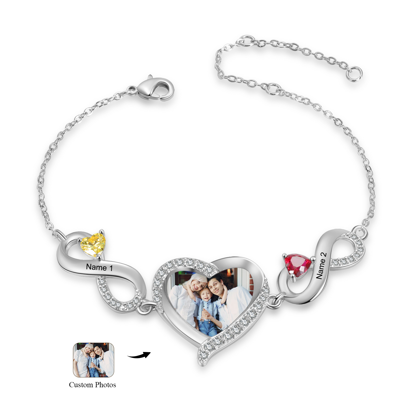 Pulsera de infinitos con colgante de corazón con foto con 2 nombres y piedras de nacimiento personalizados para mujer | Jessemade
