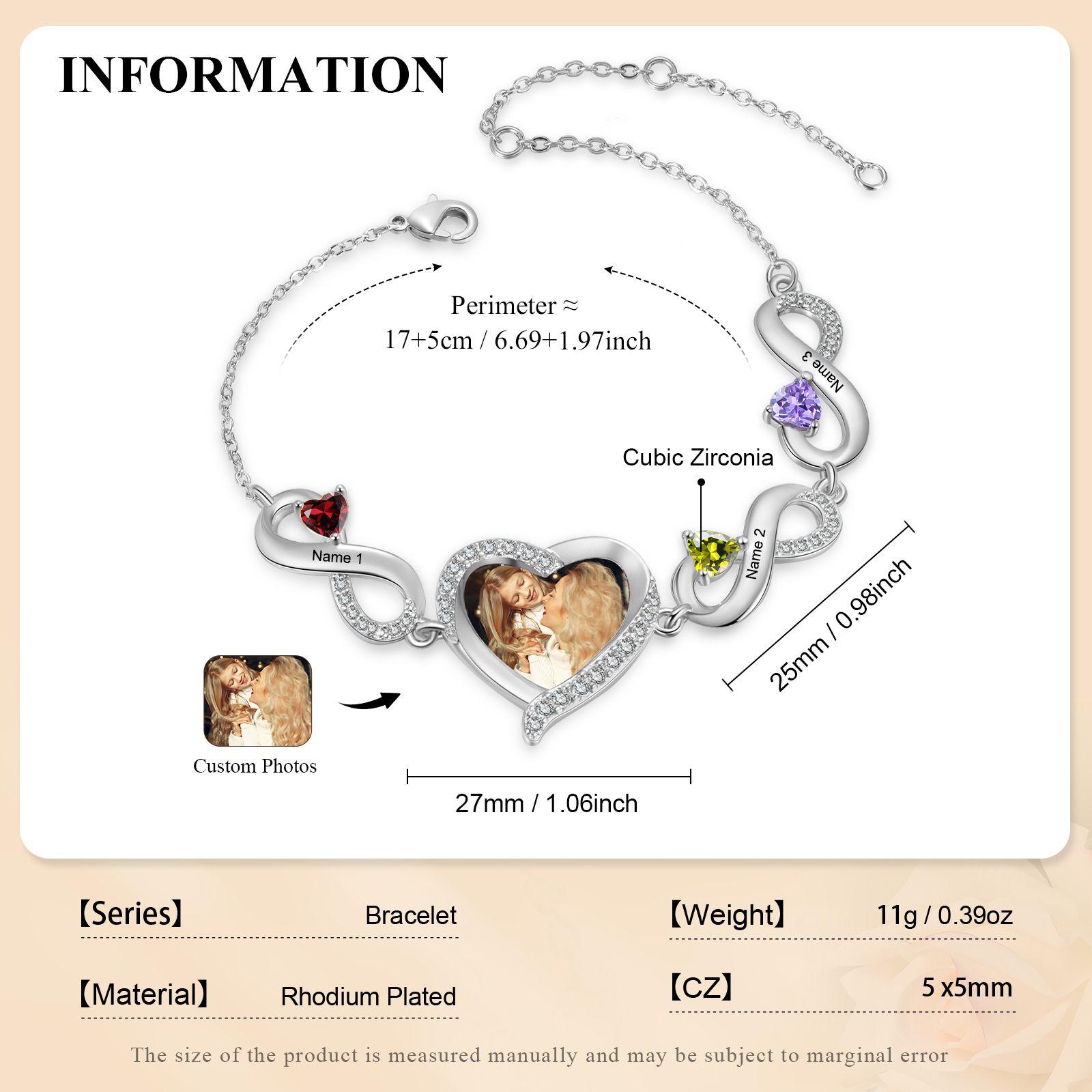 Pulsera de infinitos con colgante de corazón con foto con 3 nombres y piedras de nacimiento personalizados para mujer | Jessemade