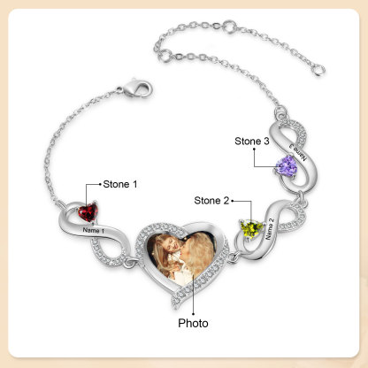 Pulsera de infinitos con colgante de corazón con foto con 3 nombres y piedras de nacimiento personalizados para mujer | Jessemade