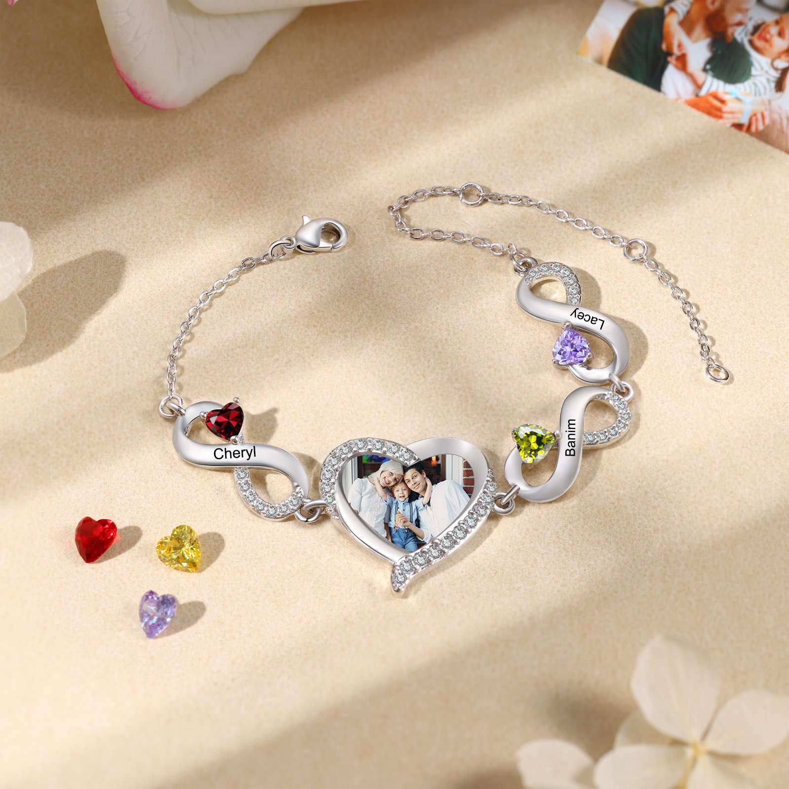 Pulsera de Infinito para Mujer con Corazón, Foto y 3 Piedras de Nacimiento Personalizadas-Jessemade ES