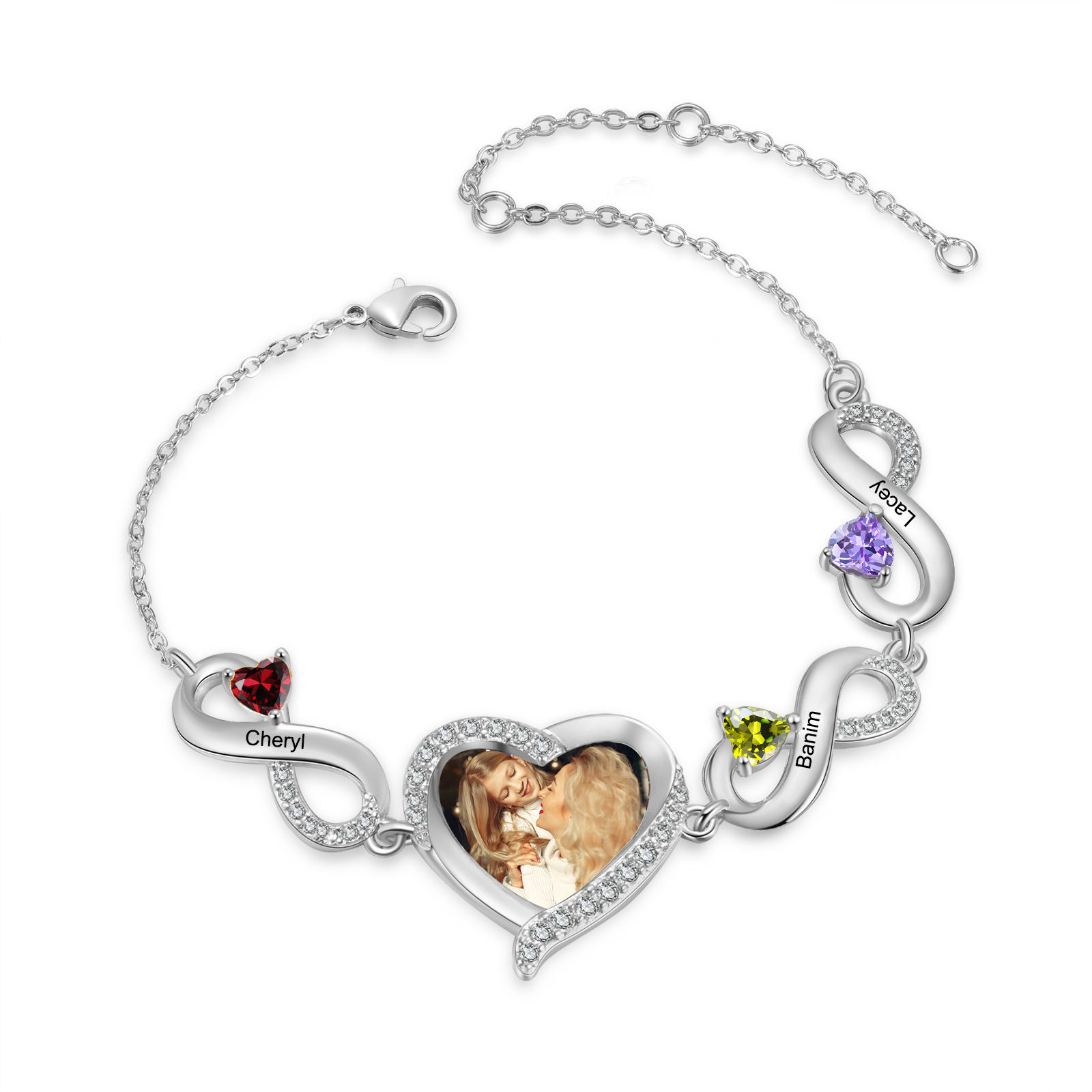 Pulsera de infinitos con colgante de corazón con foto con 3 nombres y piedras de nacimiento personalizados para mujer | Jessemade