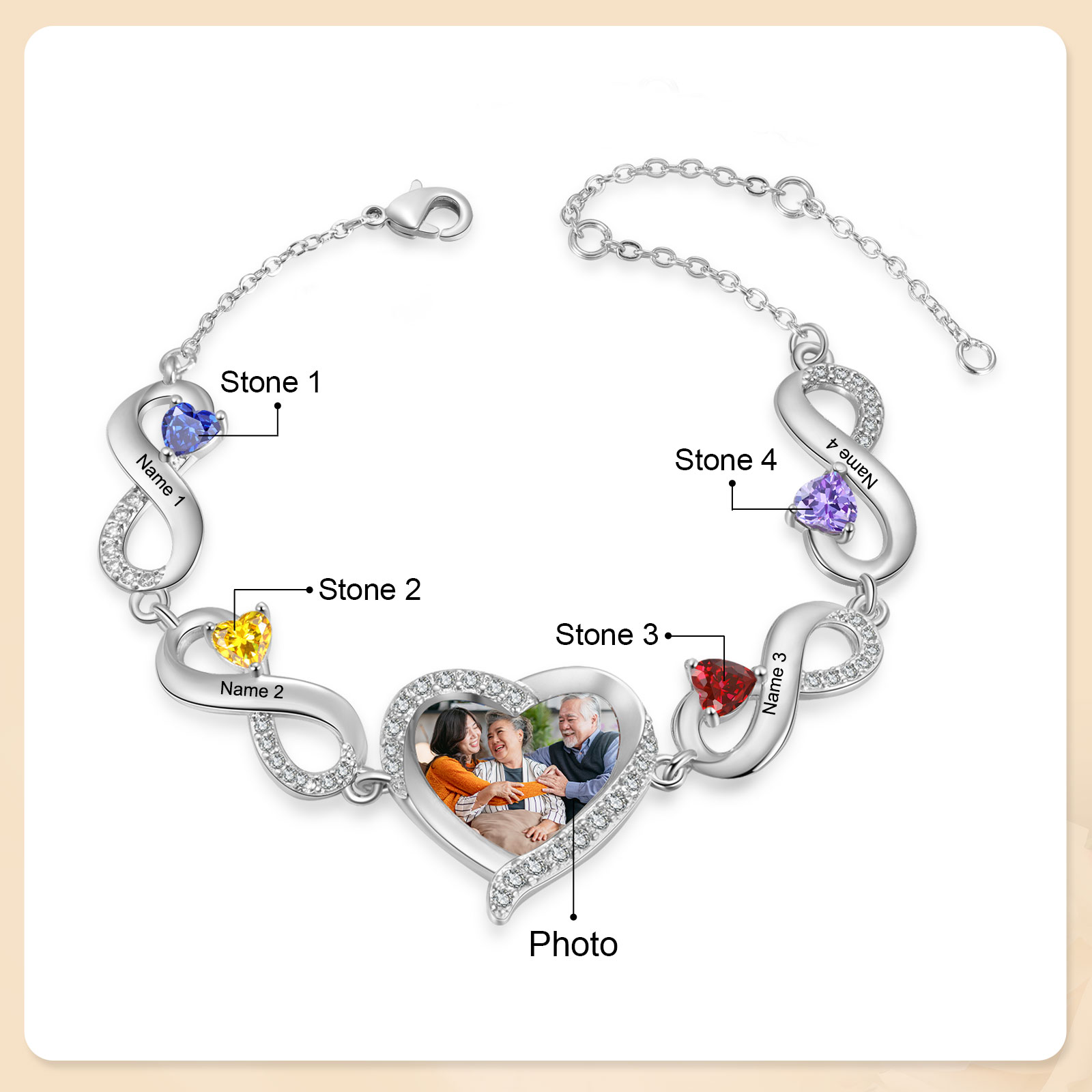 Pulsera de infinitos con colgante de corazón con foto con 4 nombres y piedras de nacimiento personalizados para mujer | Jessemade