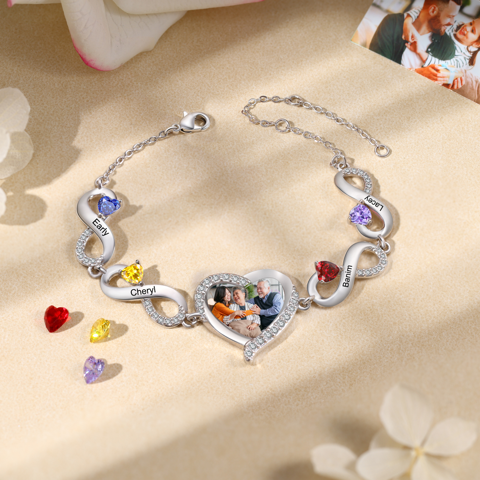 Pulsera de Infinito para Mujer con Corazón, Foto y 4 Piedras de Nacimiento Personalizadas-Jessemade ES