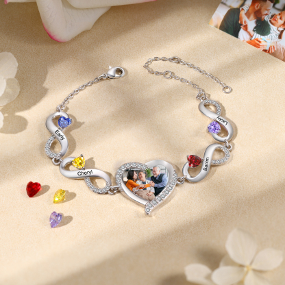 Pulsera de Infinito para Mujer con Corazón, Foto y 4 Piedras de Nacimiento Personalizadas-Jessemade ES