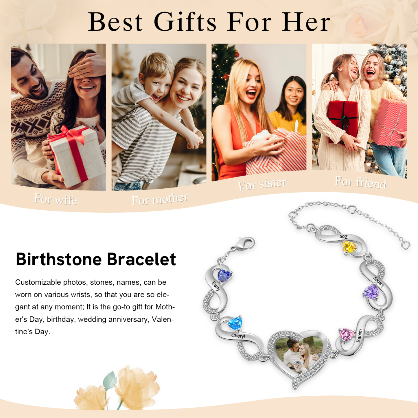 Pulsera de infinitos con colgante de corazón con foto con 5 nombres y piedras de nacimiento personalizados para mujer | Jessemade