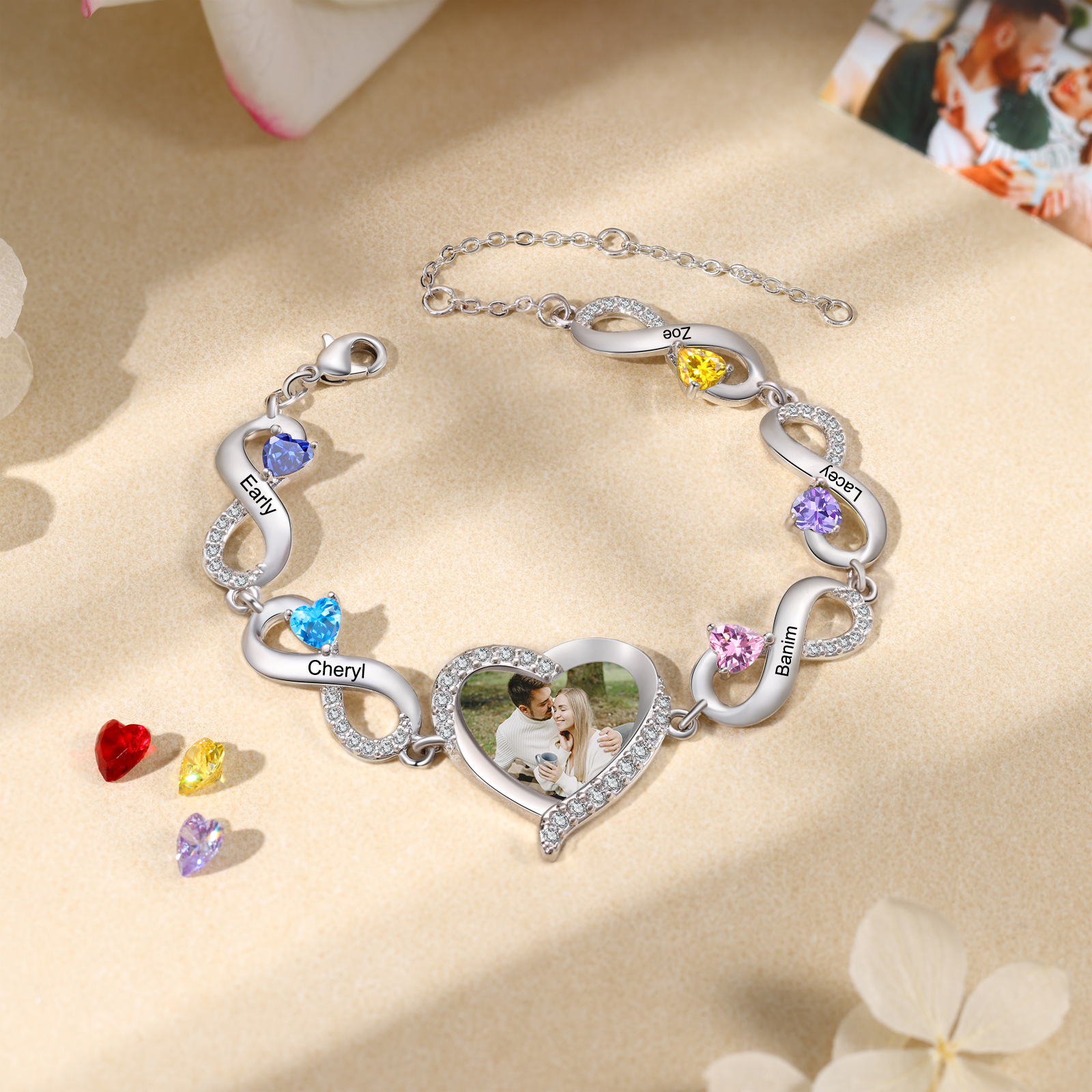 Pulsera de infinitos con colgante de corazón con foto con 5 nombres y piedras de nacimiento personalizados para mujer | Jessemade