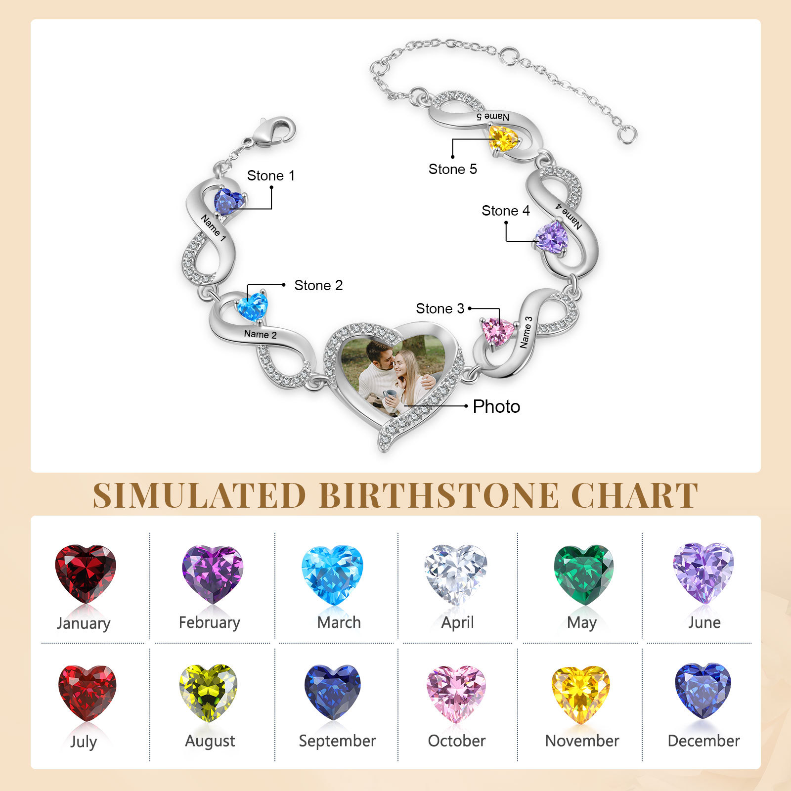 Pulsera de infinitos con colgante de corazón con foto con 5 nombres y piedras de nacimiento personalizados para mujer | Jessemade