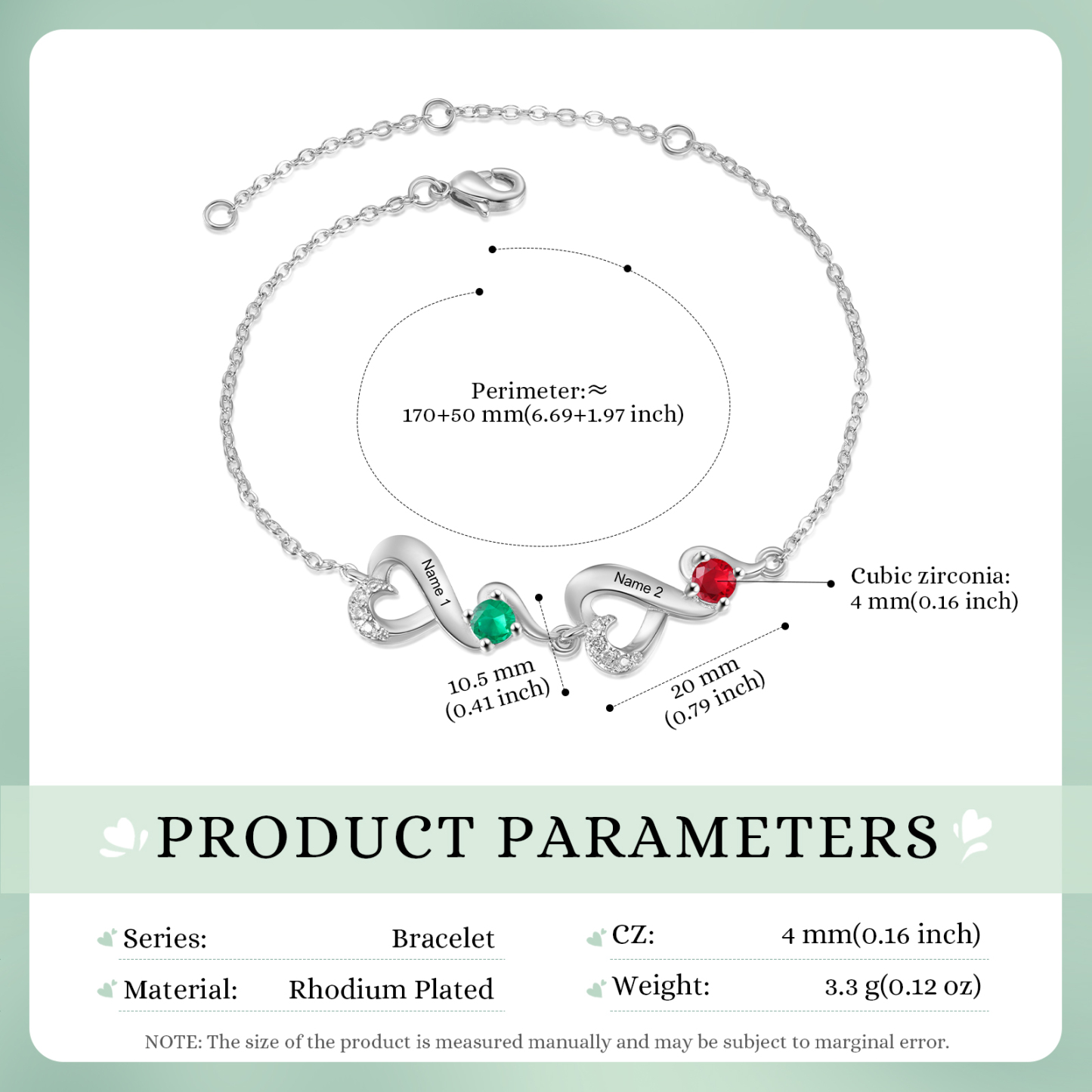 Pulsera corazones conectados con 2 nombres y piedras de nacimiento pulsera personalizada para mujer | Jessemade