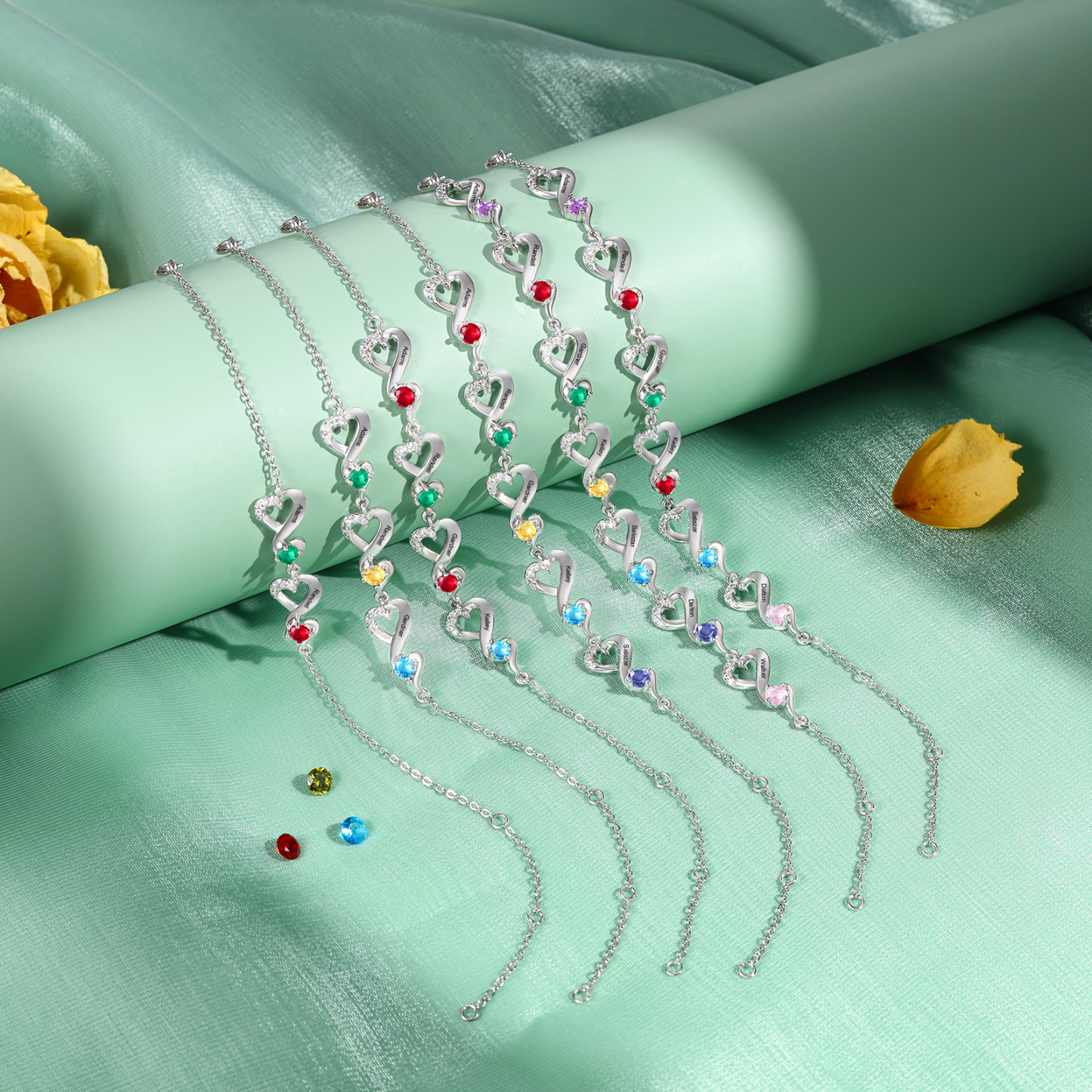 Pulsera corazones conectados con 6 nombres y piedras de nacimiento pulsera personalizada para mujer | Jessemade