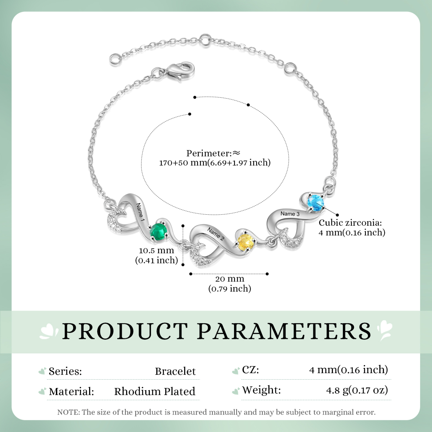 Pulsera corazones conectados con 3 nombres y piedras de nacimiento pulsera personalizada para mujer | Jessemade