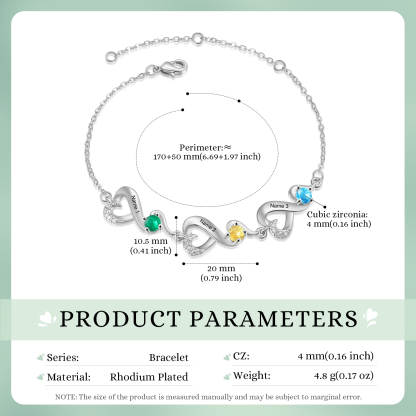 Pulsera corazones conectados con 3 nombres y piedras de nacimiento pulsera personalizada para mujer | Jessemade