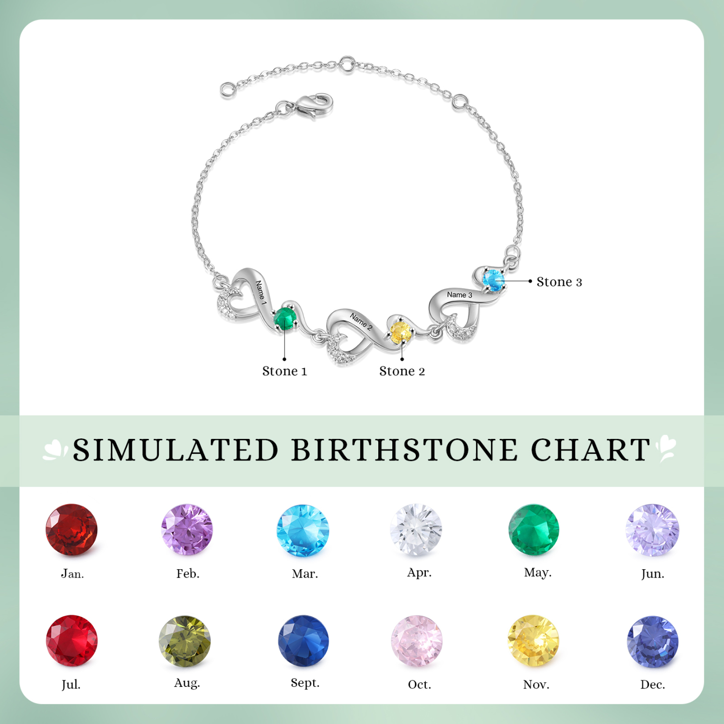 Pulsera corazones conectados con 3 nombres y piedras de nacimiento pulsera personalizada para mujer | Jessemade