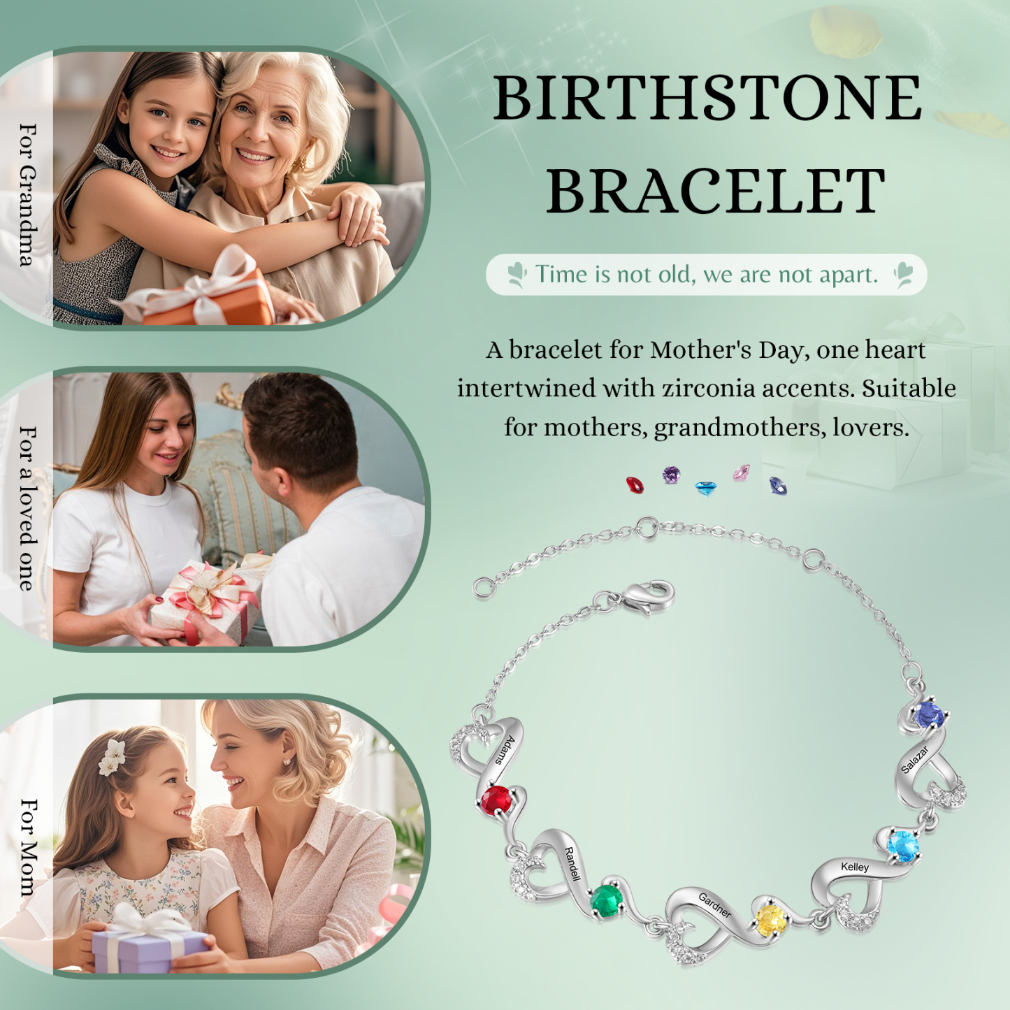 Pulsera corazones conectados con 5 nombres y piedras de nacimiento pulsera personalizada para mujer | Jessemade