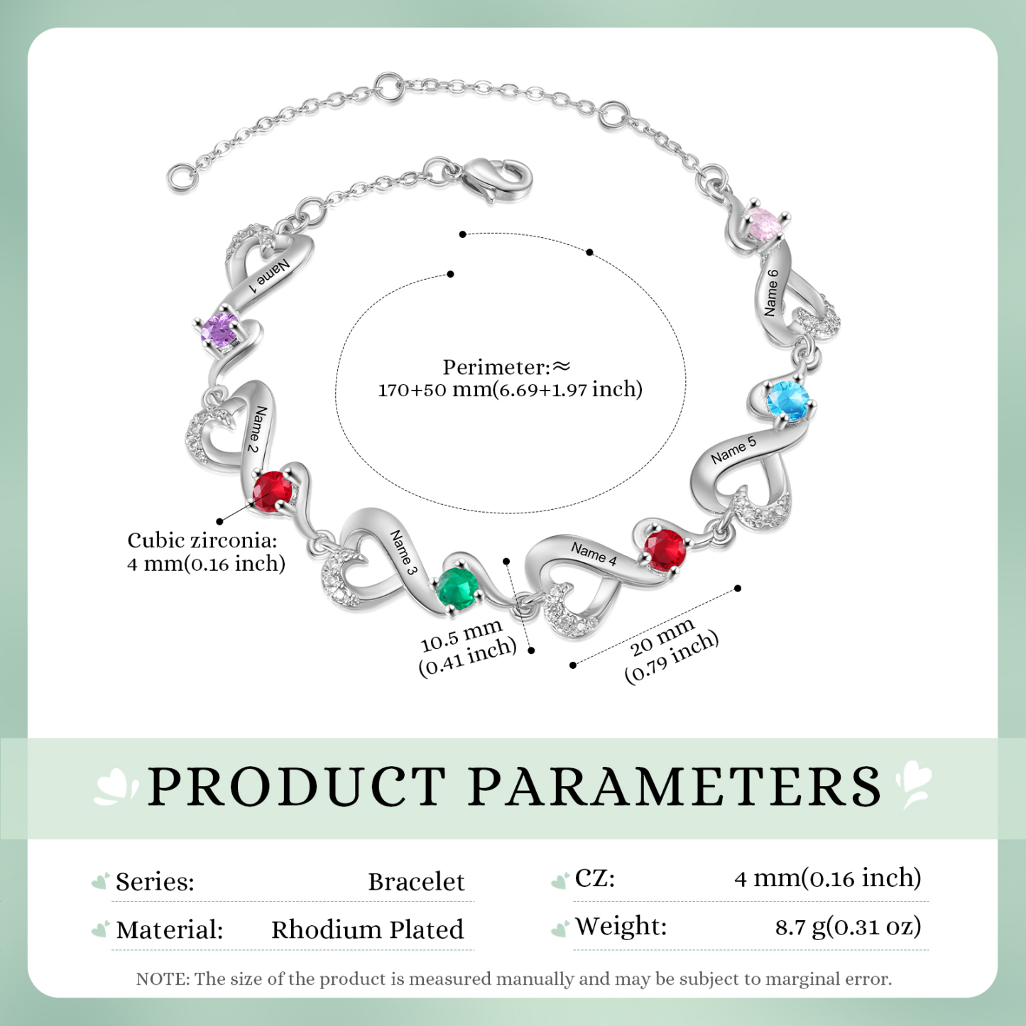 Pulsera corazones conectados con 6 nombres y piedras de nacimiento pulsera personalizada para mujer | Jessemade