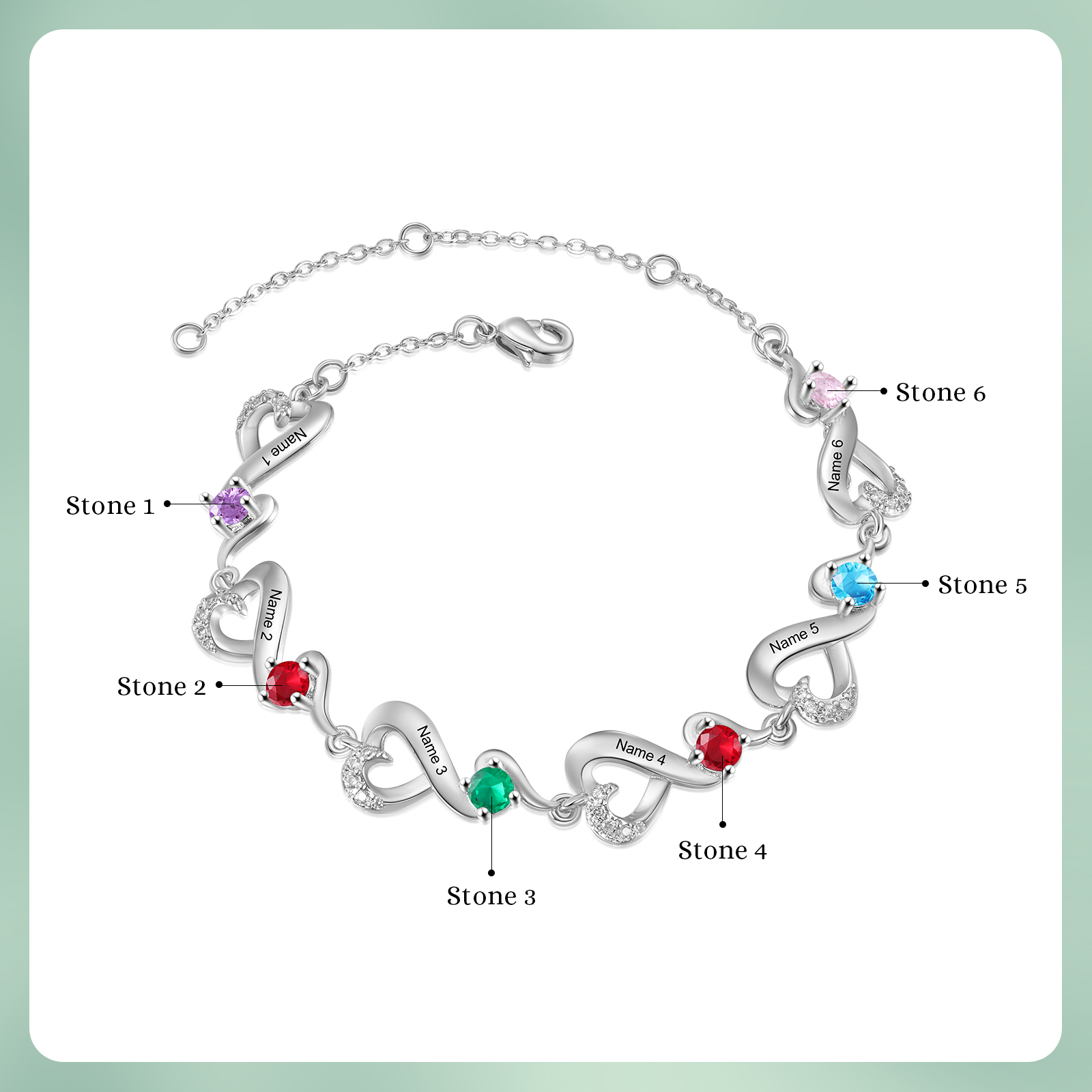 Pulsera corazones conectados con 6 nombres y piedras de nacimiento pulsera personalizada para mujer | Jessemade