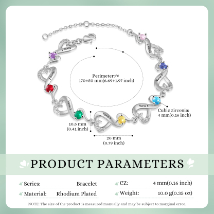 Pulsera corazones conectados con 7 nombres y piedras de nacimiento pulsera personalizada para mujer | Jessemade