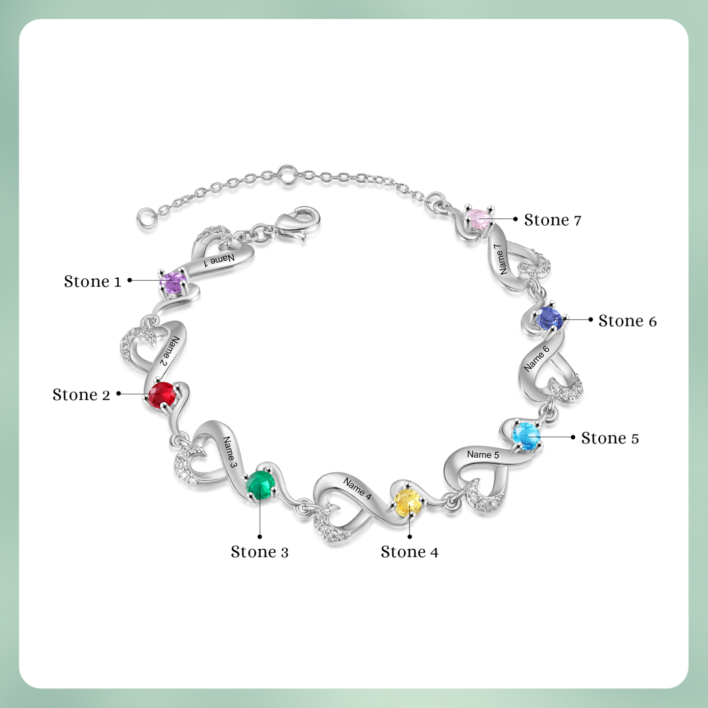 Pulsera corazones conectados con 7 nombres y piedras de nacimiento pulsera personalizada para mujer | Jessemade