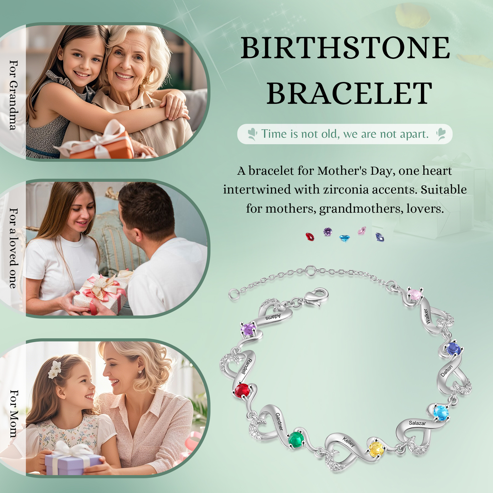 Pulsera corazones conectados con 7 nombres y piedras de nacimiento pulsera personalizada para mujer | Jessemade