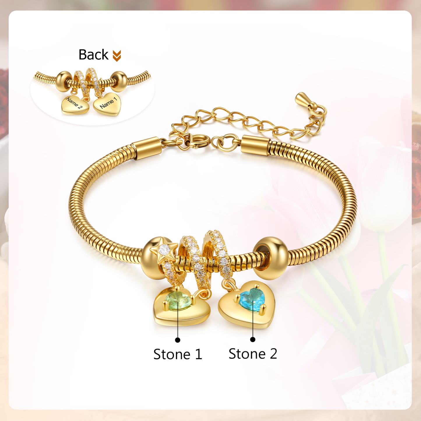 Pulsera con colgante de corazón con 2 nombres y piedras de nacimiento pulsera personalizada para mujer | Jessemade