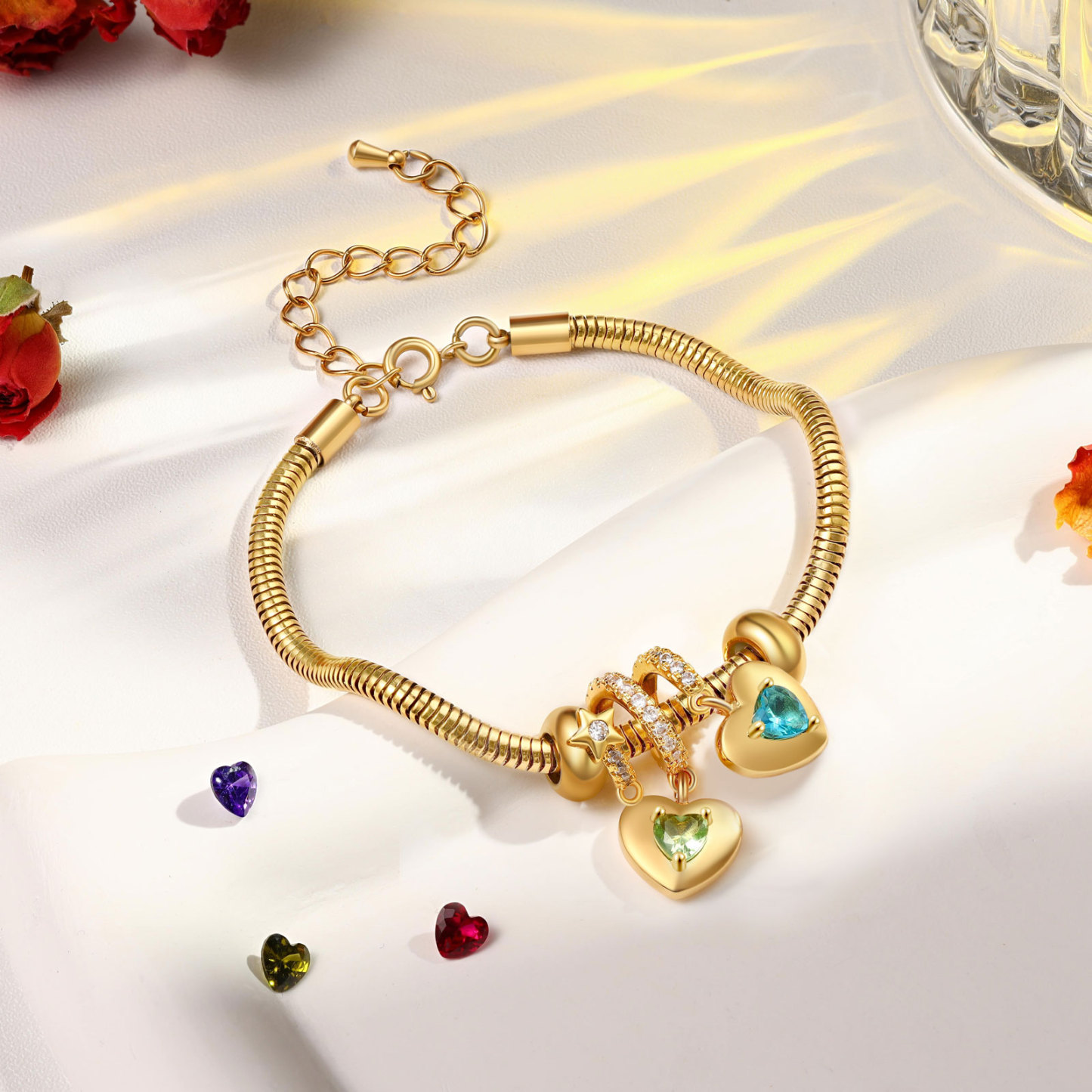 Pulsera para Mujer con Colgante de Corazón – 2 Nombres y Piedras de Nacimiento Personalizados | Jessemade ES