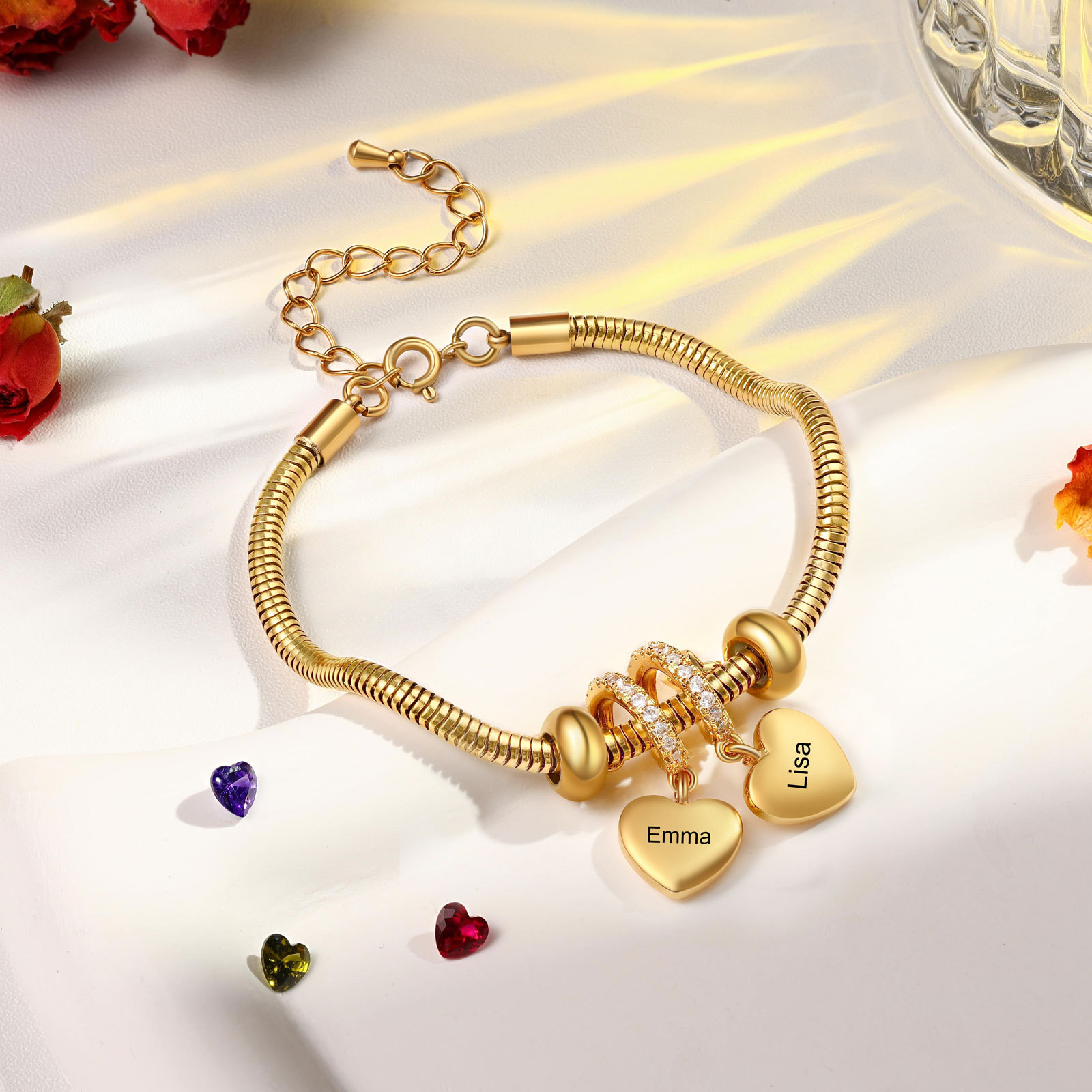 Pulsera con colgante de corazón con 2 nombres y piedras de nacimiento pulsera personalizada para mujer | Jessemade
