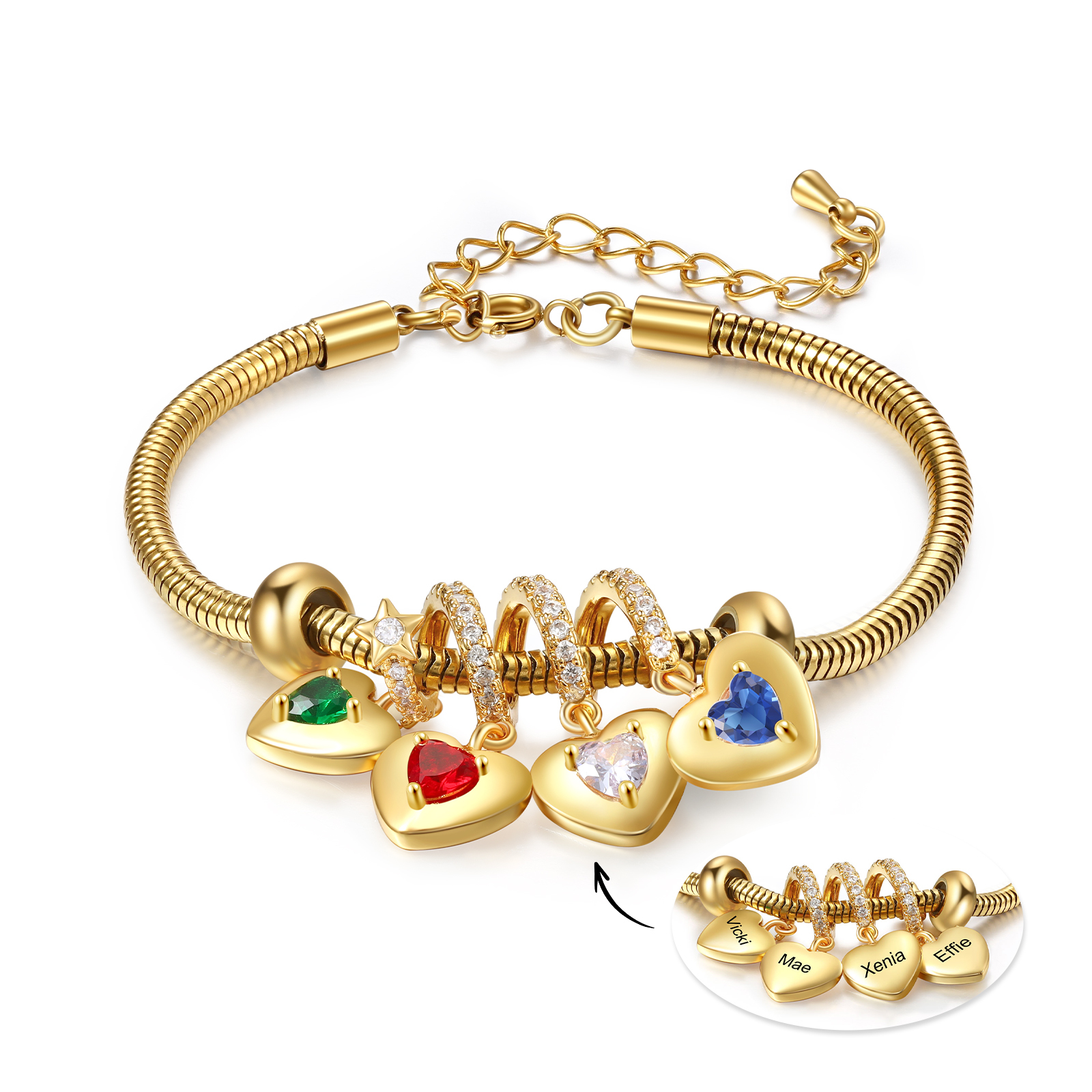 Pulsera con colgante de corazón con 4 nombres y piedras de nacimiento pulsera personalizada para mujer | Jessemade