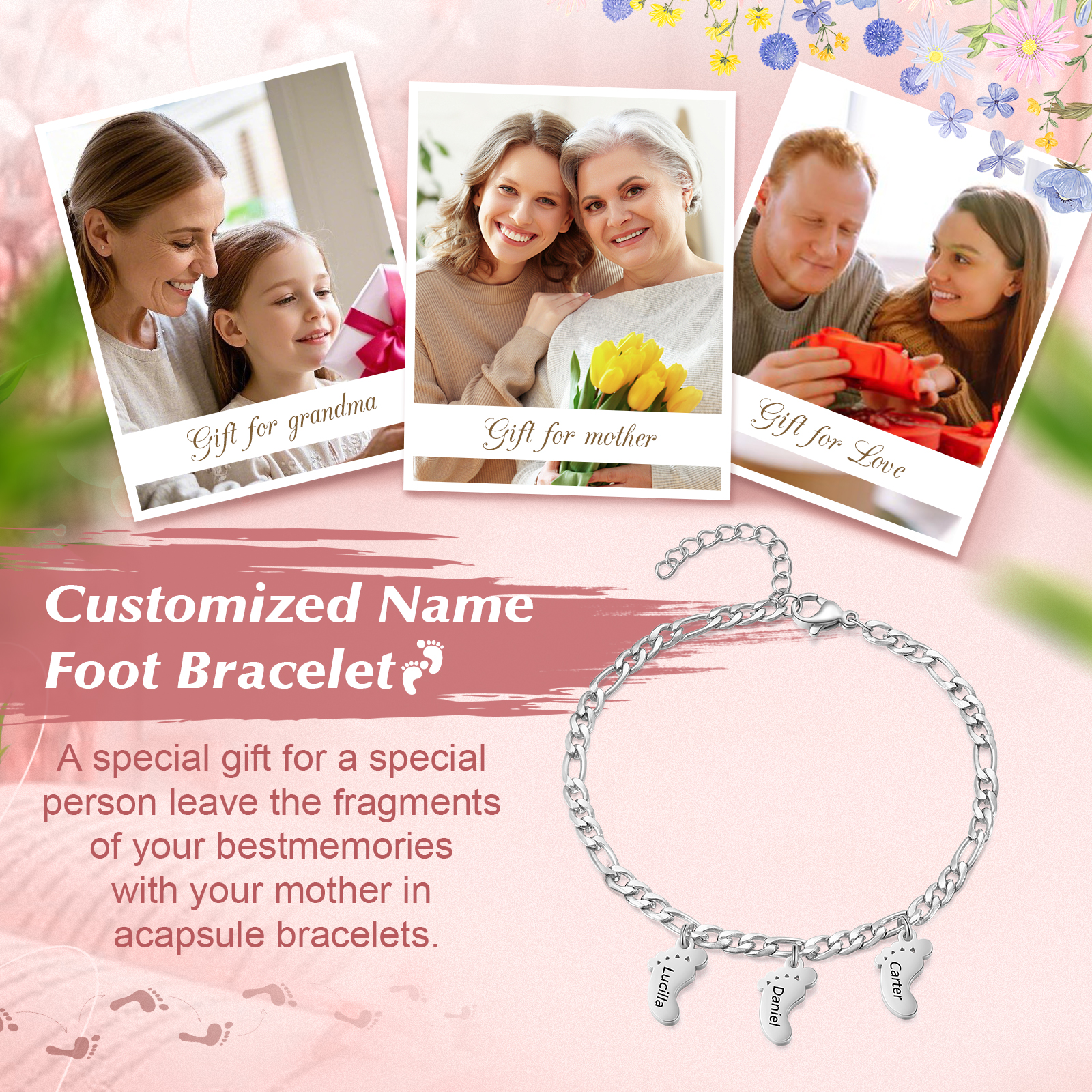 Pulsera con colgante de pie de bebé con 3 nombres pulsera personalizada para mujer | Jessemade