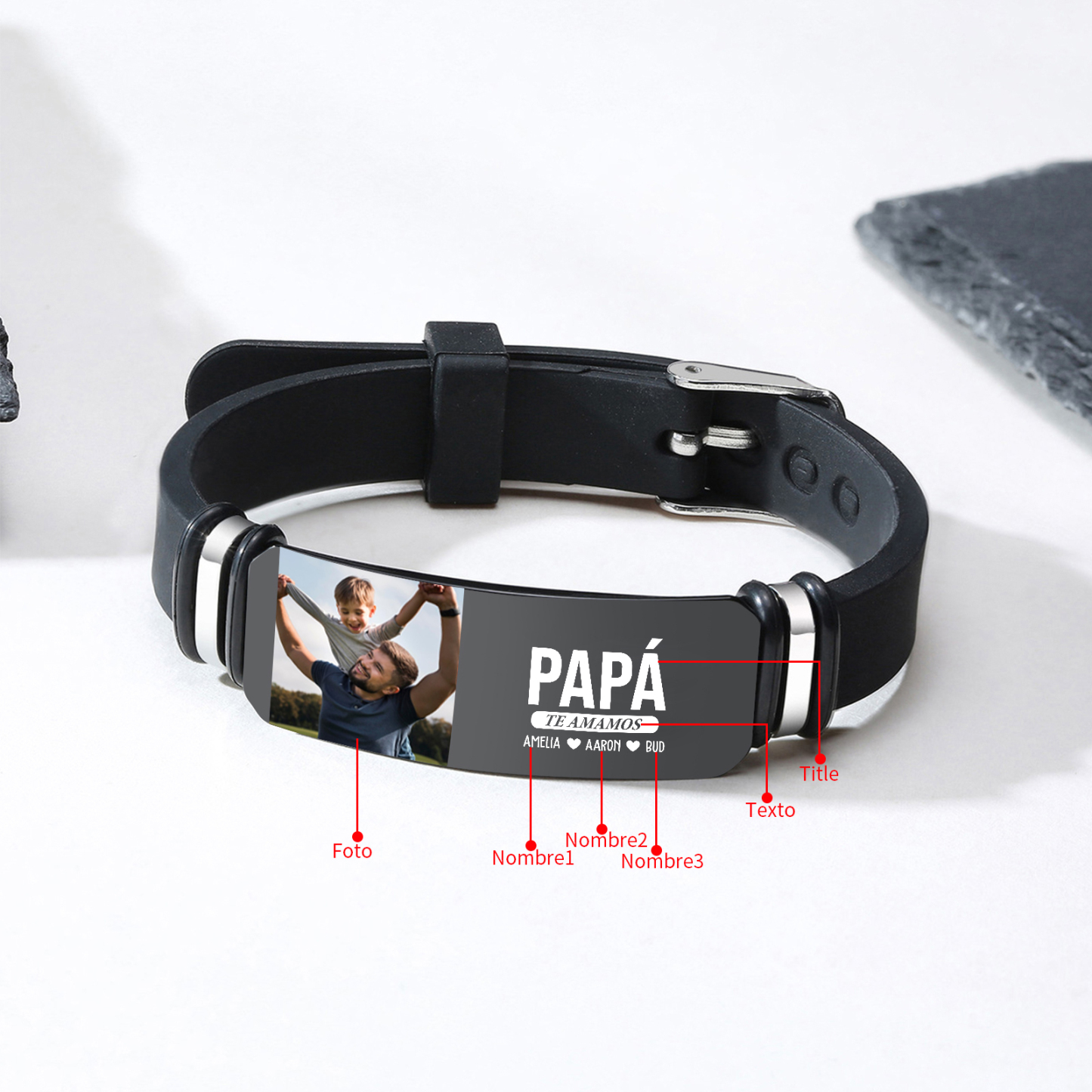 Pulsera Ajustable para Hombre 1-6 Nombres, 2 Textos y Foto Personalizados | Jessemade