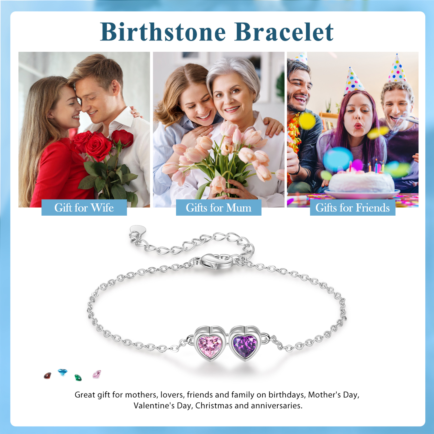 Pulsera de piedra de corazón con 2 piedras de nacimiento pulsera personalizada para mujer | Jessemade