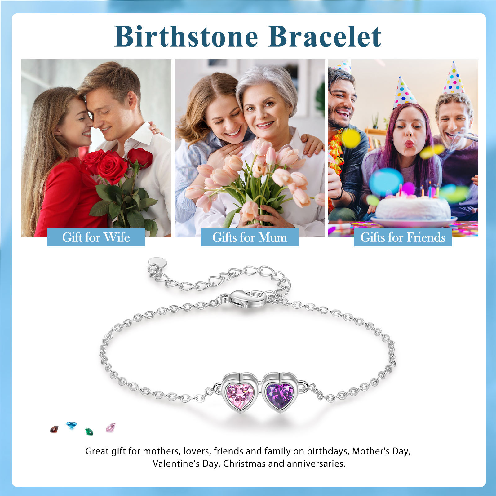 Pulsera de piedra de corazón con 2 piedras de nacimiento pulsera personalizada para mujer | Jessemade