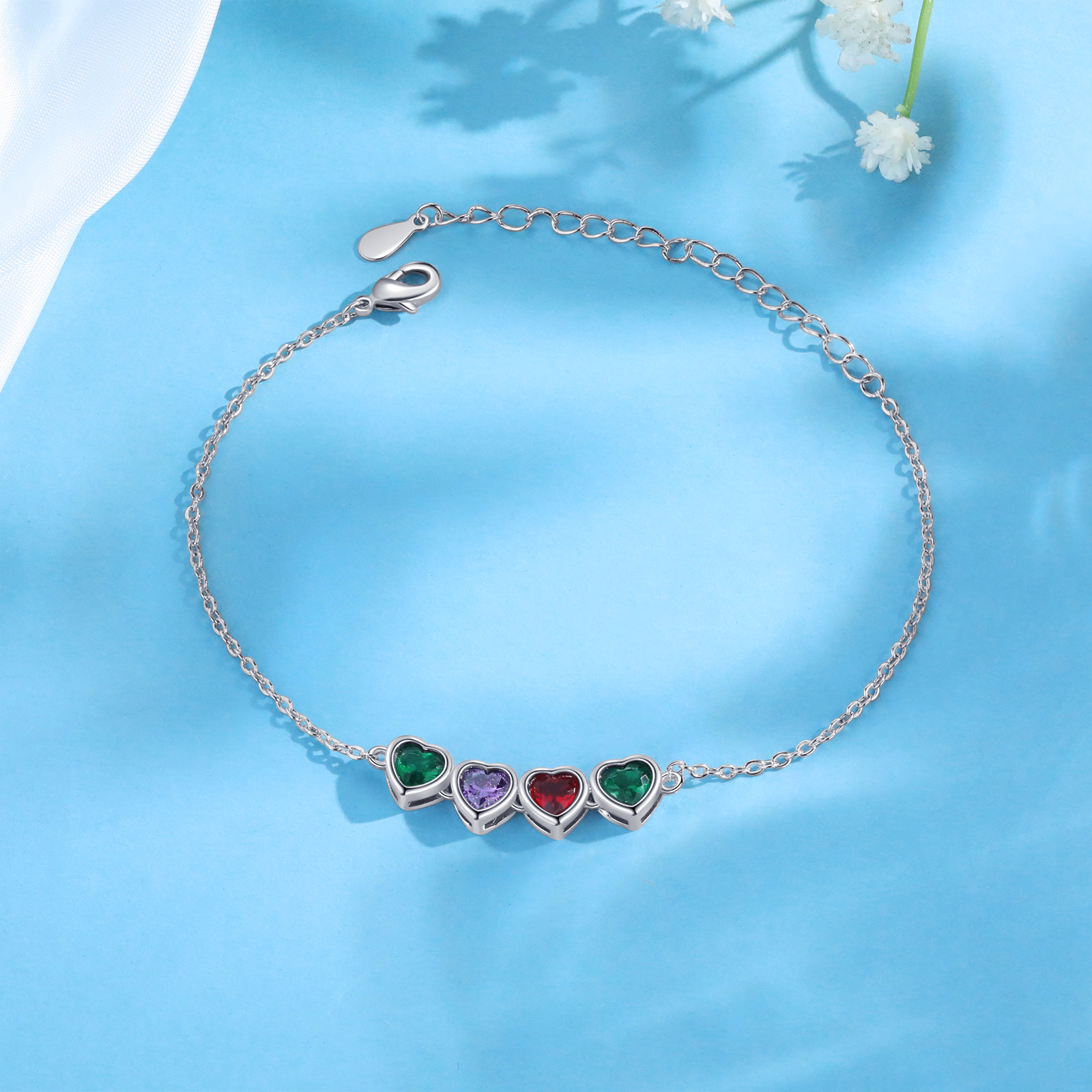 Pulsera para Mujer Personalizada con 4 Piedras de Nacimiento en Corazón | Jessemade