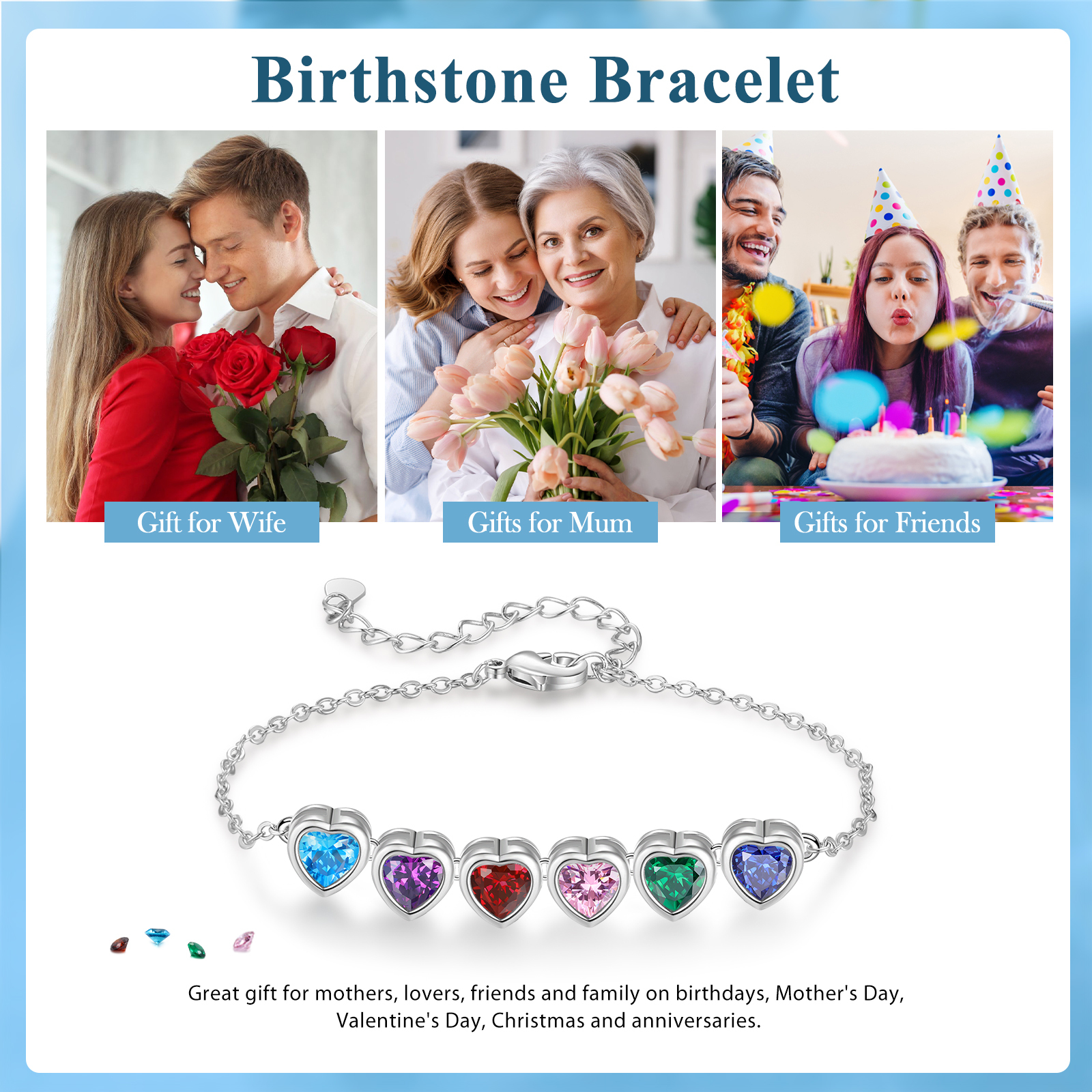 Pulsera de piedra de corazón con 6 piedras de nacimiento pulsera personalizada para mujer | Jessemade