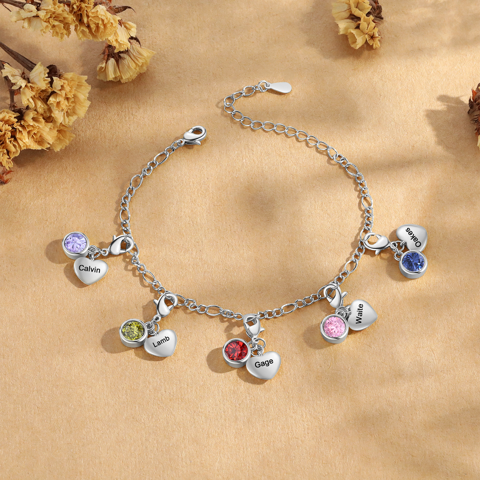 Pulsera con colgantes de 5 nombres y 5 piedras de nacimiento pulsera personalizada para mujer | Jessemade