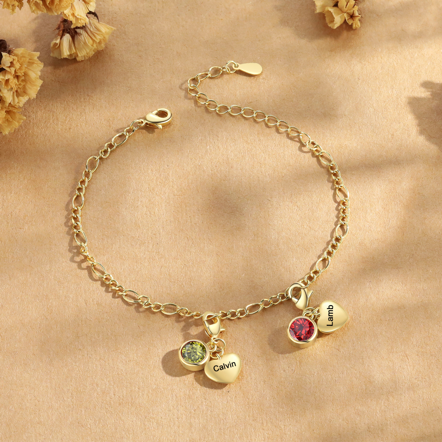Pulsera con colgantes de 2 nombres y 2 piedras de nacimiento pulsera personalizada para mujer | Jessemade