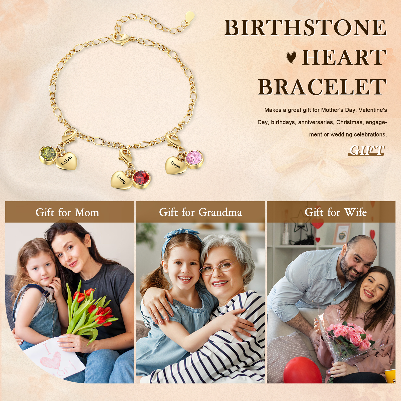 Pulsera con colgantes de 3 nombres y 3 piedras de nacimiento pulsera personalizada para mujer | Jessemade