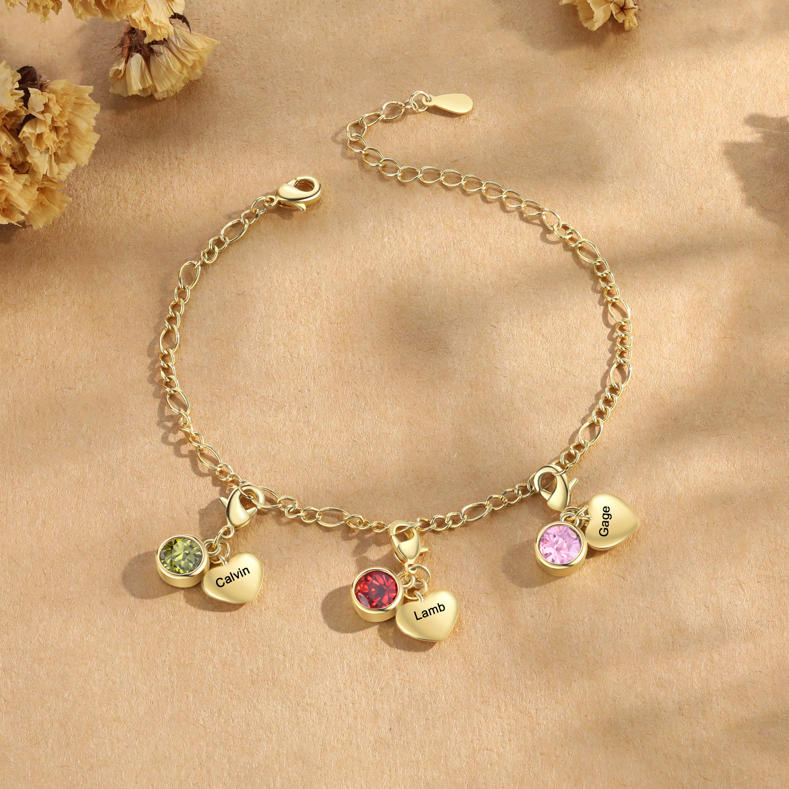 Pulsera con colgantes de 3 nombres y 3 piedras de nacimiento pulsera personalizada para mujer | Jessemade