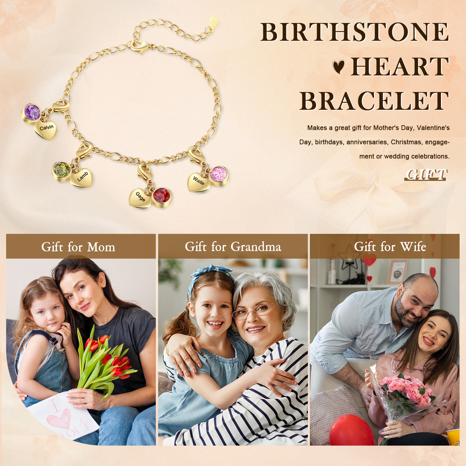 Pulsera con colgantes de 4 nombres y 4 piedras de nacimiento pulsera personalizada para mujer | Jessemade