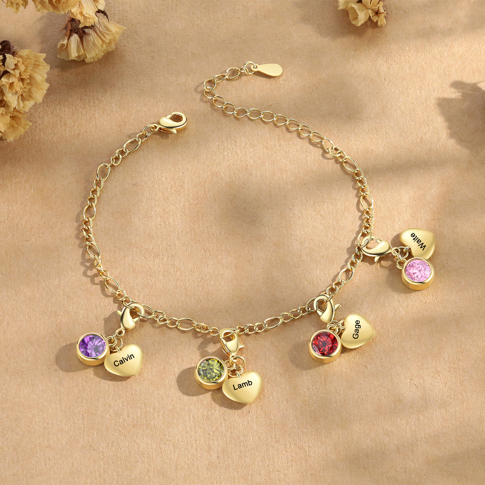 Pulsera con colgantes de 4 nombres y 4 piedras de nacimiento pulsera personalizada para mujer | Jessemade